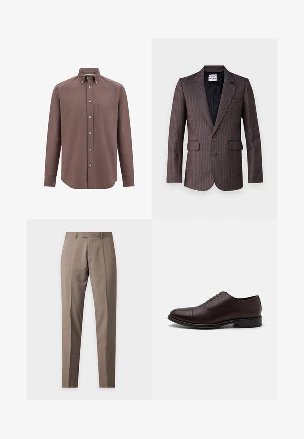 Blazer rayé marron avec un col cranté, deux poches avant, fermeture à un bouton, et une doublure noire lisse. Le tissu est texturé.; Chemise à manches longues marron avec col boutonné, poche avant et fermeture à boutons. Texture lisse, coupe ajustée et couleur unie.; Pantalon beige coupe slim avec passants de ceinture et pli frontal, présenté à plat sur un fond uni.; Chaussure habillée en cuir marron avec une finition lisse, bout arrondi, design à cinq œillets avec lacets, et un petit talon empilé.