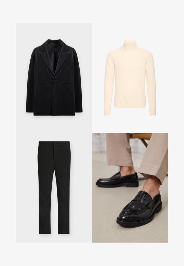 Blazer de cuero negro con cuello de muesca, dos botones y bolsillos laterales. Presenta una textura suave y una silueta estructurada.; Jersey de cuello alto de manga larga en color crema, con cuello, puños y bajo de canalé, mostrado sobre un fondo blanco liso.; Pantalones de vestir ajustados negros con trabillas para cinturón, cremallera frontal y parte delantera plana, mostrados sobre un fondo gris claro.; Mocasines de cuero negro con un acabado suave, que cuentan con una correa decorativa y costuras en contraste, combinados con pantalones beiges.