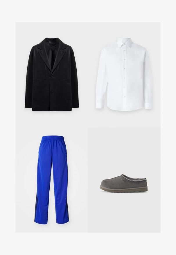 Blazer en cuir noir avec un col cranté, deux boutons et des poches latérales. Présente une texture lisse et une silhouette structurée.; Chemise blanche à manches longues avec un col classique, un devant à bouton et un ourlet arrondi. Fabriquée en coton lisse sans motifs.; Pantalon de sport bleu avec taille élastique, doté de rayures latérales noires, coupe ample et texture lisse.; Chausson gris en daim à enfiler avec un col tricoté à motifs, un intérieur rembourré et une semelle en caoutchouc durable. Présente le logo de la marque sur le côté.