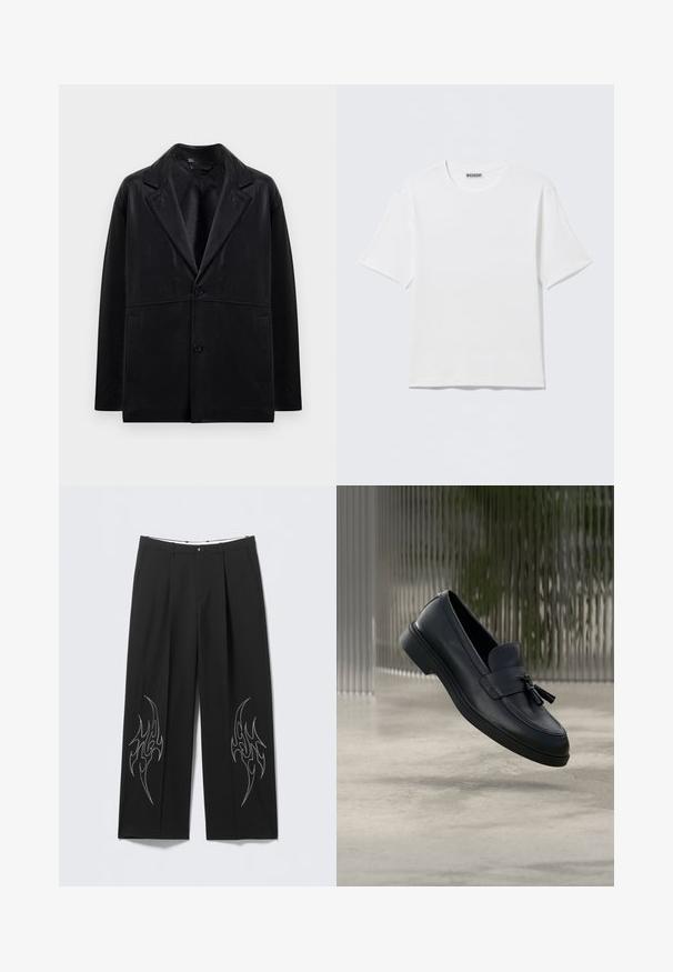 Blazer en cuir noir avec un col cranté, deux boutons et des poches latérales. Présente une texture lisse et une silhouette structurée.; T-shirt blanc uni à manches courtes et col rond, avec une petite étiquette "WEEKDAY" à l'intérieur du col arrière, présenté à plat.; Pantalon large noir sur mesure avec broderie argentée en forme de flammes sur les jambes inférieures, présentant un devant plat et un design plissé.; Mocassins en cuir noir avec une texture lisse, un bout arrondi et des pampilles décoratives à l'avant. Semelle en caoutchouc flexible avec un petit talon.