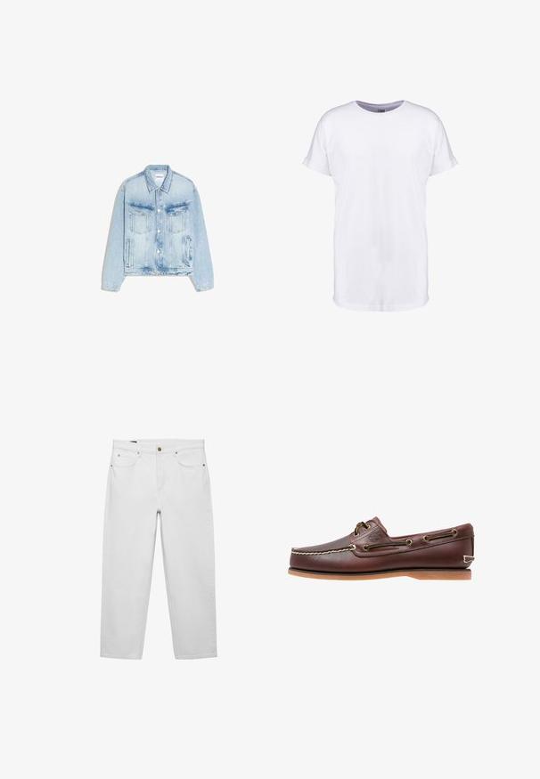 Veste en denim bleu clair avec boutonnière à l'avant, deux poches poitrine à rabat, poches latérales verticales et col pointu.; T-shirt en coton blanc à manches courtes, encolure ronde et coupe décontractée. Texture lisse et sans motifs ni designs visibles.; Jean blanc taille haute à jambes droites avec poches avant, passants pour ceinture et fermeture à bouton en laiton.; Chaussure bateau en cuir marron avec coutures blanches, détails de lacets et semelle en caoutchouc beige, vue de côté sur fond blanc.