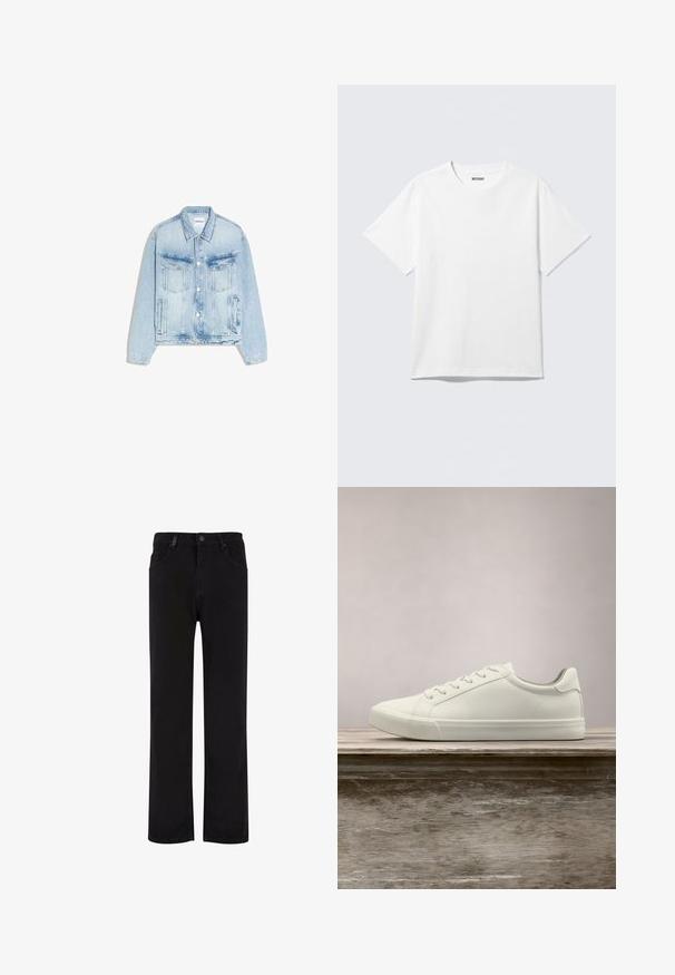 Lyseblå denimjakke med knaplukning foran, to brystlommer med klap, lodrette sidelommer og en spids krave.; Hvid kortærmet crewneck T-shirt lagt fladt ud, ensfarvet design, med "WEEKDAY" mærkat inde i kraven på en lys baggrund.; Sorte denimbukser med lige ben design, der har en knaplukning, bælteløjfer og forlommer. Glat tekstur og ensartet farve.; Hvide snørresneakers svævende over en træbænk med grønne planter i baggrunden, der fremhæver skodesign og tekstur.