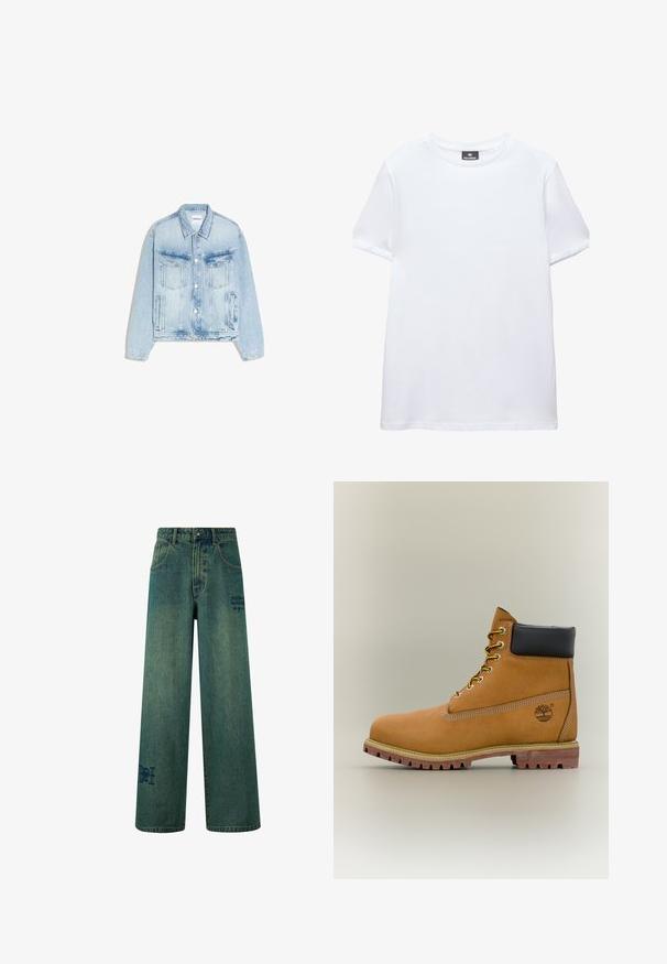 Hellblaue Jeansjacke mit Knopfleiste, zwei Brustklappentaschen, vertikalen Seitentaschen und einem spitzen Kragen.; Einfaches weißes T-Shirt mit kurzen Ärmeln und Rundhalsausschnitt mit einem schwarzen Pull&Bear-Etikett innen am Kragen, abgebildet auf weißem Hintergrund.; Weite Jeans aus dunkelblauem Denim mit einer dezenten, verblassten Textur. Mit Gesäßtaschen und einem dekorativen Logodetail.; Brauner Leder-Stiefelette mit schwarzem Kragen, gelben Schnürsenkeln und hellbrauner Sohle. Verfügt über ein Logo und weiße Ziernähe. Robuste Profilsohle.