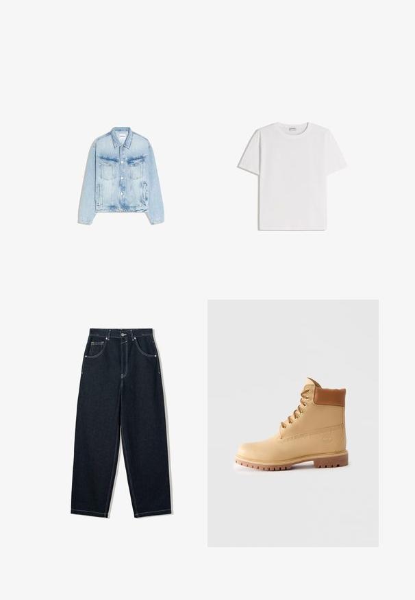Hellblaue Jeansjacke mit Knopfleiste, zwei Brustklappentaschen, vertikalen Seitentaschen und einem spitzen Kragen.; Weißes Baumwoll-T-Shirt mit Rundhalsausschnitt und kurzen Ärmeln. Klassische, kastige Form ohne sichtbare Muster oder Verzierungen.; Weit geschnittene, dunkle Denim-Jeans mit kontrastierendem weißen Nähten, fünf Taschen und einem Knopfverschluss. Mit einem hochgeschnittenen Design.; Hellbraune Leder-Ankle-Boots mit gepolstertem Kragen, goldenen Ösen, braunen Schnürsenkeln und dicker Profilsohle auf hellem, einfarbigem Hintergrund.