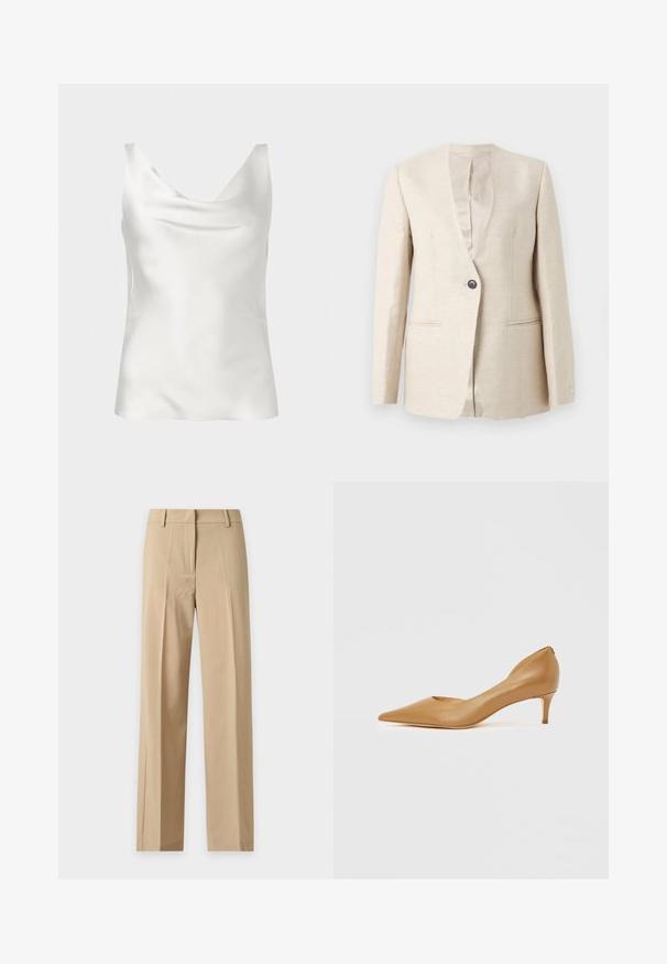 Blazer beige à un bouton, col en V, manches longues et deux poches passepoilées à l'avant, présenté sur un fond uni.; Haut caraco sans manches en satin blanc avec un décolleté drapé et une texture lisse et brillante.; Pantalon beige droit avec passants pour ceinture, pli à l'avant et fermeture avant dissimulée, présenté sur un fond uni clair.; Escarpin en cuir marron à bout pointu avec un petit talon, présentant un design ajouré sur le côté pour plus de détails et une texture lisse.
