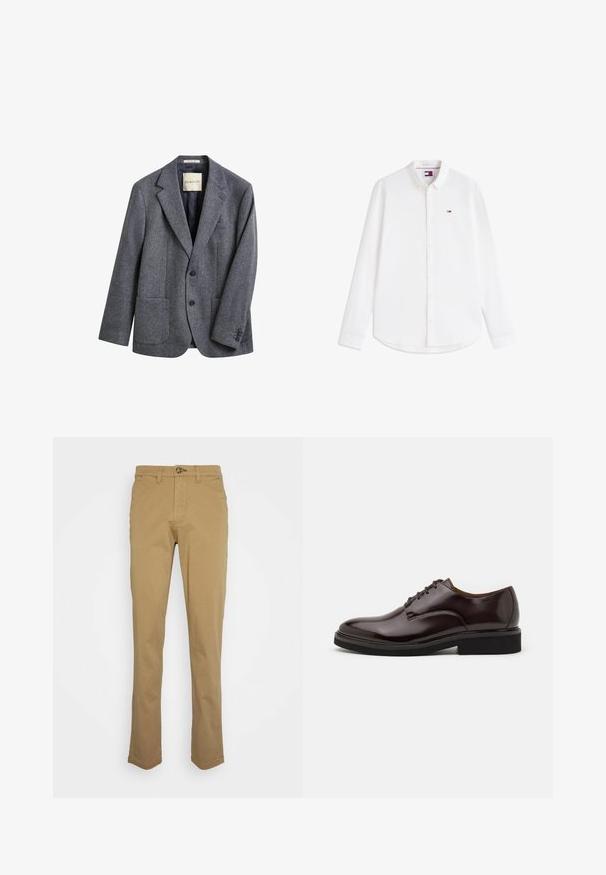 Grijze herenblazer met twee knopen, notch-revers, opgestikte voorzakken en vier knopen op elke manchet, met GANT-label aan de binnenkant van de kraag.; Wit lang mouwen overhemd met knopen, een kraag en een klein rood-wit-blauw logo op de linkerborst.; Khaki chinos met een slim fit, gemaakt van een katoenmix. Voorzien van een knoopsluiting en standaard vijf-pocketontwerp. Soepele textuur.; Bruine leren Oxford schoen met een glanzende afwerking, ronde neus, vetersluiting en een stevige zwarte rubberen zool. Naaddetails op de bovenkant.