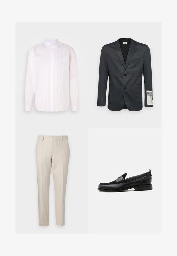 Mørkegrå blazer med to frontlommer og enkelt knaplukning. Bemærkelsesværdig tekstdetalje på ærmet. Glat tekstur.; Hvid langærmet skjorte med klassisk krave, der har lodrette pintuck-detaljer og knaplukning foran.; Beige skræddersyede bukser lavet af struktureret stof, med et klassisk snit, pressefolder og forlommer.; Sort læderloafer med grå remdetalje, lav hæl og tekstureret sål, mærket med "HUGO" i guld på siden.