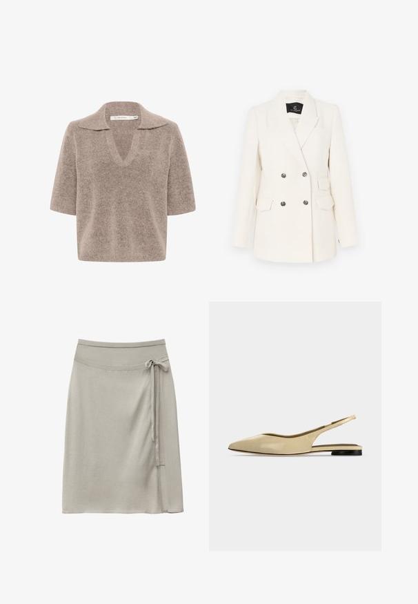 Blazer de doble botonadura en tejido blanco texturizado. Cuenta con botones de hardware negros, dos bolsillos delanteros y solapa con muesca.; Suéter beige de manga corta con escote en V, hecho de un material de punto suave, con un diseño de cuello y un corte relajado.; Falda cruzada gris claro hasta la rodilla con lazo lateral y cinturilla ancha acanalada, hecha de tela suave y lisa.; Zapato plano beige con puntera puntiaguda, diseño slingback, tacón bajo negro y acabado en cuero liso, mostrado de perfil sobre un fondo liso.