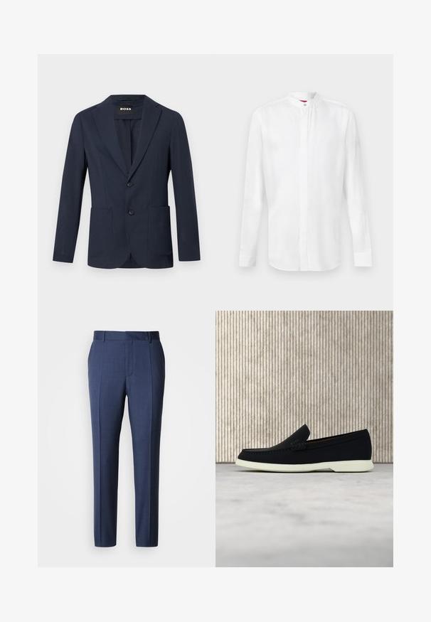 Marineblaues Herrenblazer mit zwei Knöpfen, Revers mit Kerbkragen, aufgesetzten Taschen und leichtem, strukturiertem Stoff.; Weißes Langarmhemd mit Stehkragen und verdeckter Knopfleiste, vor einem schlichten hellen Hintergrund präsentiert.; Dunkelblaue, maßgeschneiderte Hose aus glattem Stoff, mit flacher Vorderseite, Gürtelschlaufen und gebügelten Bügelfalten für ein gepflegtes Erscheinungsbild.; Schwarzer Slipper mit runder Zehenpartie, präsentiert sich mit einem strukturierten Obermaterial, glatter weißer Sohle und einem dezenten Branding-Detail an der Seite.