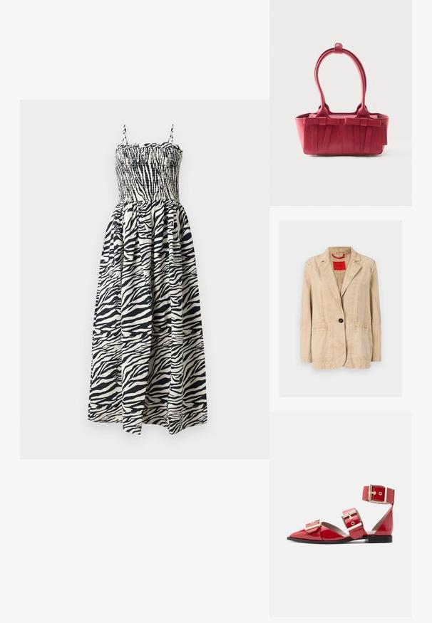 Beige katoenen jas met een gelapte revers, een enkele zwarte knoopsluiting, twee voorzakken en zichtbare stikseldetails. Rode label aan de binnenkant.; Maxi-jurk met zebra-print, voorzien van een smock-borstel, verstelbare bandjes en een vloeiende rok. Gemaakt van lichte stoffen in zwart en crèmekleuren.; Rode platte schoen van lakleer met spitse neus, drie grote gouden gespen over de voet en enkel, en een zwarte zool op een witte achtergrond.; Rode leren handtas met twee bovenhandvatten, decoratieve strikken aan de voorkant en een label aan de zijkant tegen een witte achtergrond.