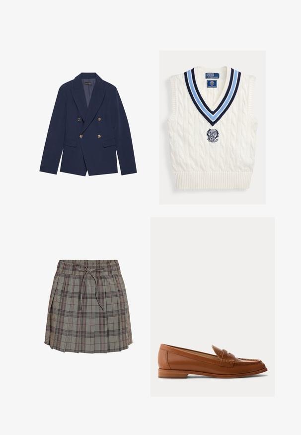 Marineblå dobbeltradet blazer lavet af glat stof, med guldtonede knapper, spidse klapper og to forlommer.; Hvid kabelstrikket ærmeløs sweatervest med blåstribet V-hals og Polo Ralph Lauren Wimbledon-logo på brystet.; Rutig nederdel med elastisk talje og justerbar snor. Har en lysegrå bund med sorte og røde tern.; Brun læderloafer med lavt træsål, klassisk penny-rem og syet detalje langs tå og sider.
