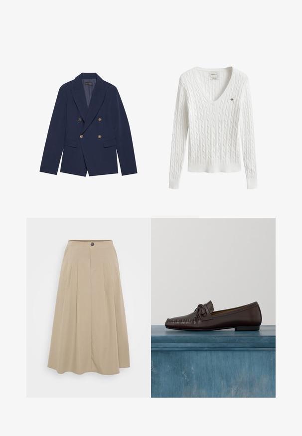 Marineblaues, doppelt geknöpftes Blazer aus glattem Stoff, mit goldfarbenen Knöpfen, Reverskragen und zwei Vordertaschen.; Weißer, langärmeliger Strickpullover mit Zopfstrickmuster, V-Ausschnitt und kleinem besticktem Logo auf der linken Brust, aus elastischer Baumwolle gefertigt.; Beige Faltenrock aus weichem Stoff, mit einer taillierten Taille und einem Knopfverschluss sowie einer fließenden A-Linien-Silhouette.; Braune Lederloafers mit einer abgerundeten Spitze, einer Schleifendetail und dekorativen Nähten entlang des Spannbereichs. Flache schwarze Gummisohle.
