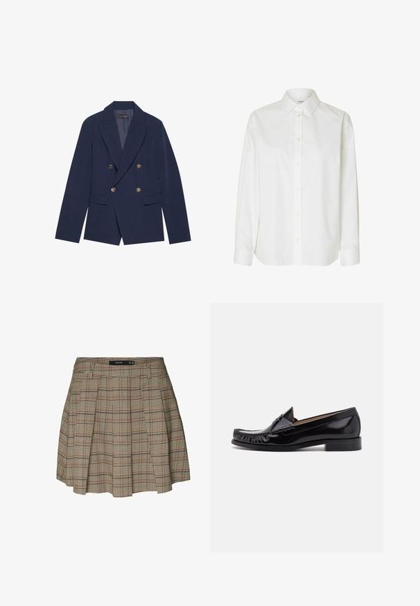 Blazer croisé bleu marine en tissu lisse, doté de boutons dorés, de revers crantés et de deux poches avant.; Chemise blanche à manches longues en coton, dotée d'un col classique, d'une fermeture à bouton sur le devant, et d'une coupe décontractée avec un ourlet légèrement arrondi.; Vero Moda VMELLIE Mid waist Mini - Jupe trapèze - silver mink; Mocassin en cuir noir avec une finition brillante, présentant des franges à l'avant et un petit talon empilé.