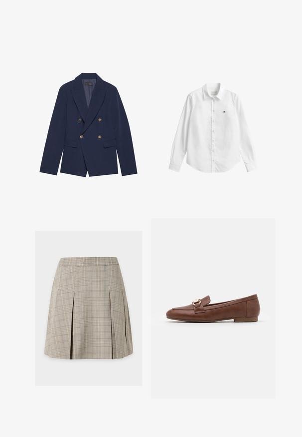 Blazer croisé bleu marine en tissu lisse, doté de boutons dorés, de revers crantés et de deux poches avant.; Chemise blanche à manches longues avec boutons, fabriquée dans un tissu légèrement texturé. Dotée d'une poche avant avec un petit logo brodé et d'un col classique.; Jupe plissée à carreaux beige et marron, taille haute et forme trapèze structurée sur fond blanc.; Mocassins en cuir marron avec une semelle plate, un design surpiqué et un détail de boucle en ton doré sur la bride à travers le coup de pied.