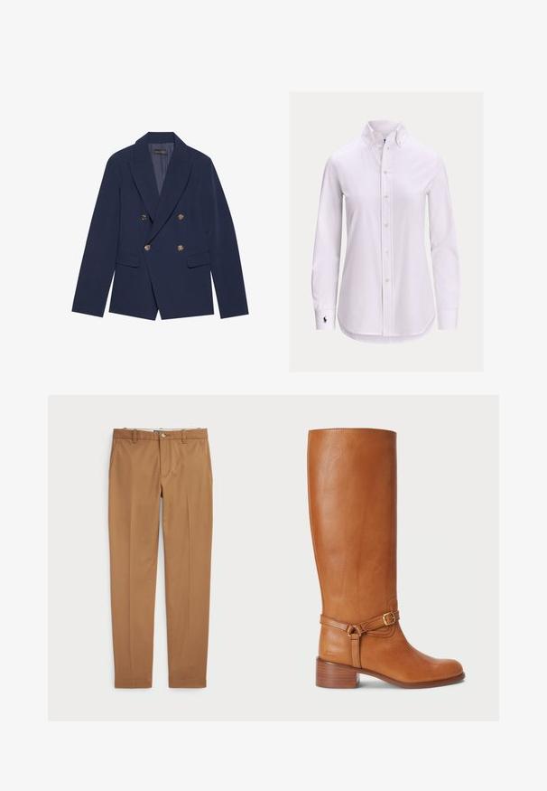 Navyblauwe dubbelzijdige blazer van gladde stof, met gouden knopen, ingesneden revers en twee voorzakken.; Witte blouse met lange mouwen, knoopsluiting, een knoopsluitkraag en een klein geborduurd logo op de linkermanchet.; Bruine katoenen broeken met een slim-fit ontwerp, vlakke voorkant en standaardzakken; gladde textuur en afgewerkte manchetten.; Hoge bruine leren laarzen met een gladde afwerking, voorzien van een zijkantgesp en een gestapelde hak. De schacht heeft een strakke, ongecompliceerde uitstraling.