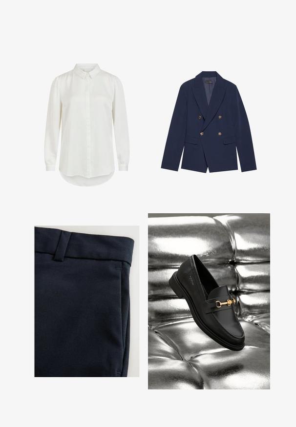 Navyblauwe dubbelzijdige blazer van gladde stof, met gouden knopen, ingesneden revers en twee voorzakken.; Witte blouse met lange mouwen en een klassieke kraag, met een gladde textuur en knoopsluiting. Rond gemaakte zoom en licht gepofte mouwen.; Marineblauwe broek gemaakt van een gladde, gestructureerde stof. Kenmerkt zich door een rechte snit met een eenvoudige tailleband en zijnaad.; Zwarte leren instapper met een goudkleurig hardware-detail. De schoen heeft een strak ontwerp en een gladde, glanzende textuur.