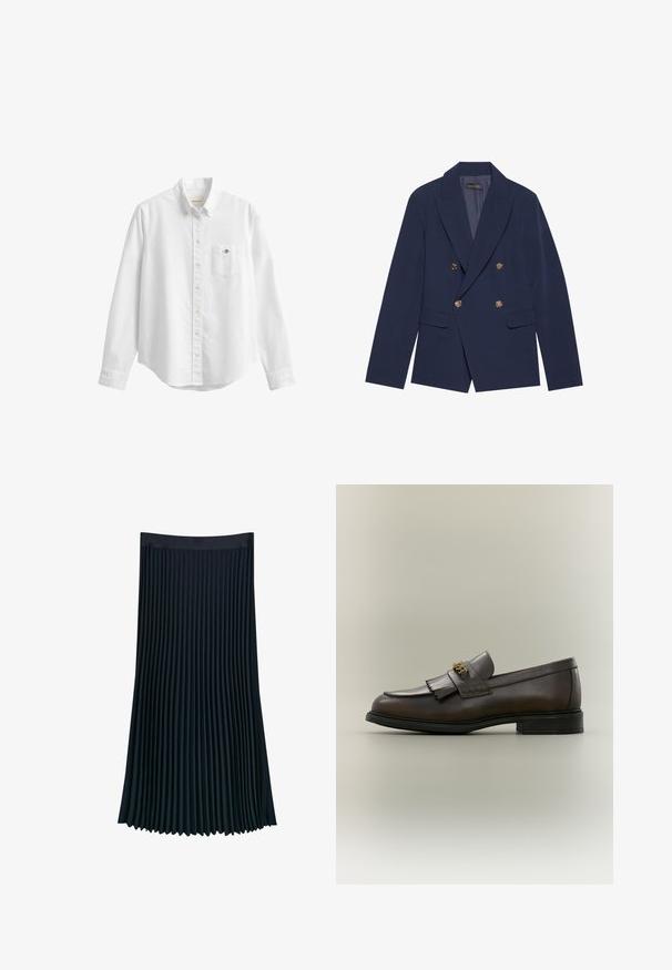Navyblauwe dubbelzijdige blazer van gladde stof, met gouden knopen, ingesneden revers en twee voorzakken.; Witte blouse met lange mouwen, knopen, kraag en borstzak met een klein geborduurd logo op een effen achtergrond.; Gelaagde rok in donker marineblauwe stof, met een gladde tailleband en verticale plooien voor textuur en beweging, met een vloeiende silouet.; Donkerbruine leren loafer met franjes en gouden gesp op zwarte zool, gezien van opzij tegen een neutrale achtergrond.