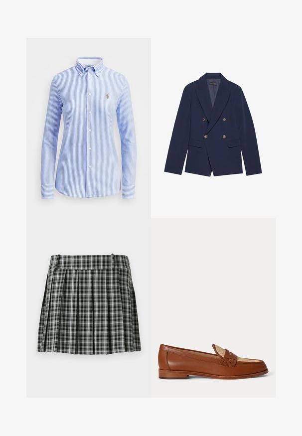 Blazer azul marino de doble botonadura, hecho de una tela suave, con botones dorados, solapas con muesca y dos bolsillos frontales.; Camisa de botones a rayas azul claro y blanca con cuello, mangas largas y un pequeño logo bordado en la parte izquierda del pecho.; Falda plisada de cuadros en blanco y negro con una cintura suave y múltiples pliegues verticales. Fabricada en un tejido ligero.; Mocasín de cuero marrón con panel beige tejido en la parte superior, tacón bajo de madera y diseño tradicional de correa de moneda sobre fondo blanco.