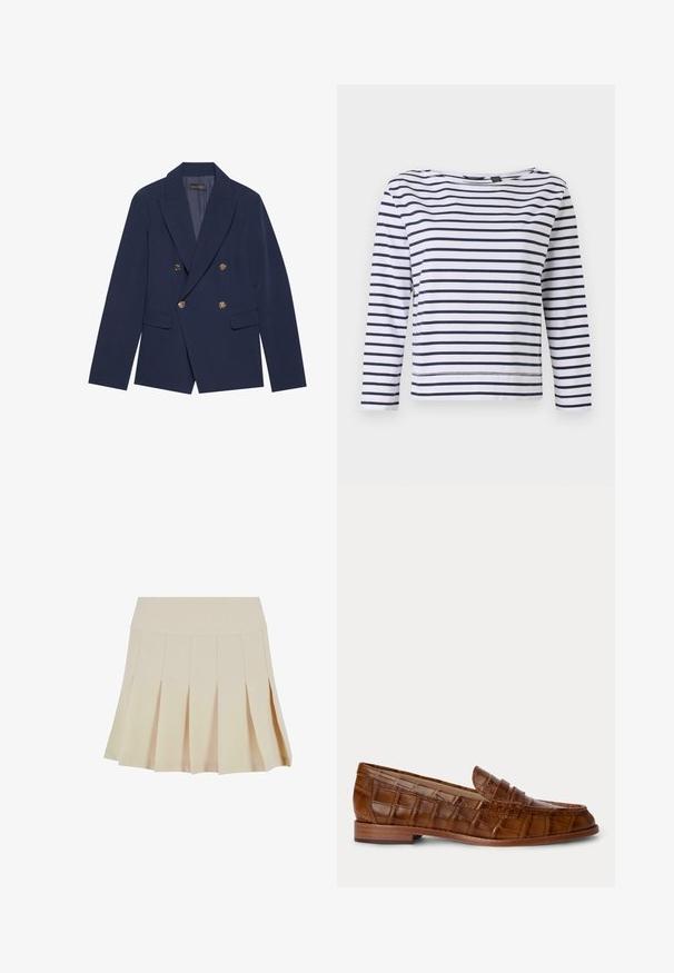Navyblauwe dubbelzijdige blazer van gladde stof, met gouden knopen, ingesneden revers en twee voorzakken.; Gestreepte lange mouwen top in wit en marineblauw, met een bootnek en een ontspannen pasvorm. Gemaakt van zacht katoen met gestikte zomen.; Beige geplisseerde rok met een aangesloten tailleband, gemaakt van een gladde stof. Kenmerkt zich door meerdere verticale plooien en een rechte zoom.; Bruine leren loafer met krokodillenpatroon, lage houten hak en een riem over de bovenkant, getoond tegen een effen achtergrond.