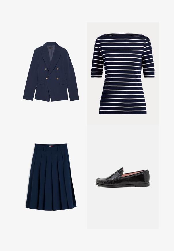 Blazer croisé bleu marine en tissu lisse, doté de boutons dorés, de revers crantés et de deux poches avant.; Chemise bleu marine avec des rayures horizontales blanches et des manches aux coudes, montrée sur un fond clair uni.; Jupe plissée bleu marine avec passants pour ceinture et une petite étiquette logo rouge, blanche et bleue sur la taille, présentée sur fond blanc.; Mocassins en cuir verni noir avec un bout arrondi, des coutures décoratives sur le dessus et une semelle en caoutchouc basse et plate.