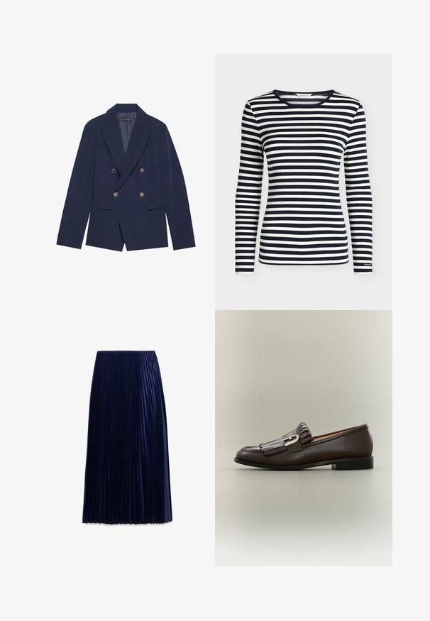 Blazer azul marino de doble botonadura, hecho de una tela suave, con botones dorados, solapas con muesca y dos bolsillos frontales.; Camisa de manga larga con rayas horizontales en azul marino y blanco y cuello redondo, con la marca GANT en el puño de la manga.; Falda midi plisada de color navy, confeccionada en una tela ligera con textura suave, que presenta pliegues verticales espaciados uniformemente y una cintura elástica.; Mocasín de cuero marrón oscuro con detalle de flecos y hebilla dorada sobre un fondo neutro, vista lateral.