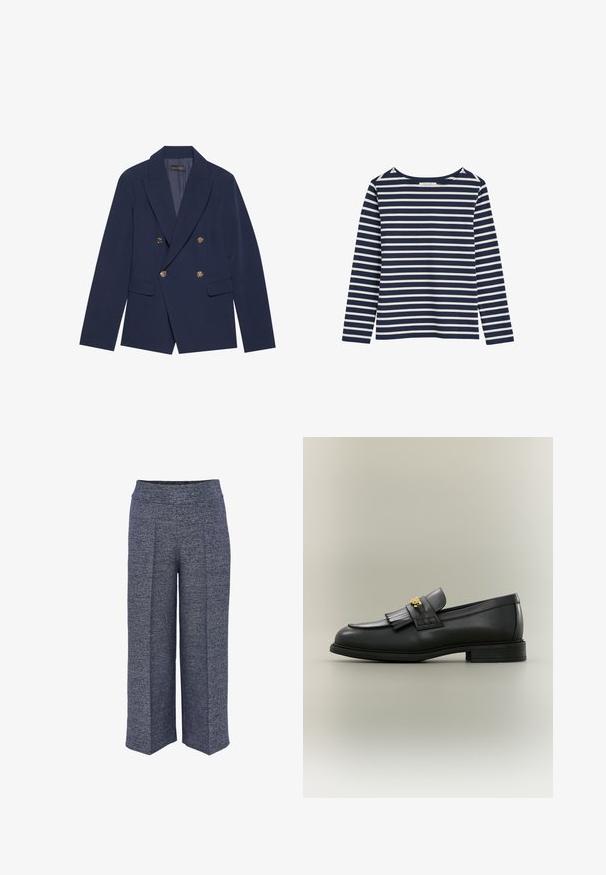 Navyblauwe dubbelzijdige blazer van gladde stof, met gouden knopen, ingesneden revers en twee voorzakken.; Marineblauw-wit gestreept shirt met lange mouwen en een ronde hals, weergegeven op een witte achtergrond.; Wijduitlopende broeken gemaakt van een gestructureerde marineblauwe stof, met een hoge tailleband en nette voorplooien voor een gestructureerd ontwerp.; Zwarte leren loafer met franjes en gouden embleem op een neutrale achtergrond, zijaanzicht.