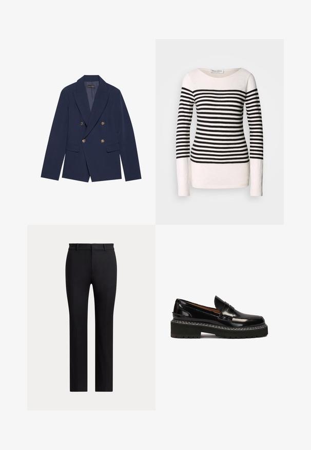 Blazer croisé bleu marine en tissu lisse, doté de boutons dorés, de revers crantés et de deux poches avant.; T-shirt à manches longues rayé avec des rayures horizontales noires et blanches, décolleté bateau et silhouette ajustée. Matière en mélange de coton.; Pantalon noir à jambes droites avec passants de ceinture et coupe slim, présenté sur un fond clair uni.; Mocassins en cuir verni noir avec une semelle en caoutchouc noir épaisse, accentuées par des coutures blanches et une sangle décorative à l'avant.