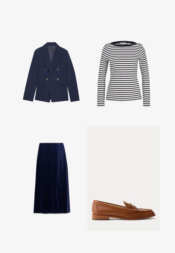 Navyblauwe dubbelzijdige blazer van gladde stof, met gouden knopen, ingesneden revers en twee voorzakken.; TOM TAILOR DENIM Longsleeve - navy/white; Navy geplooide midi-jurk gemaakt van lichte stof met een zachte textuur, voorzien van gelijkmatig verdeelde verticale plooien en een elastische tailleband.; Bruine leren loafer met lage houten hak, klassieke pennyriem en gestikte details langs de neus en zijkanten.
