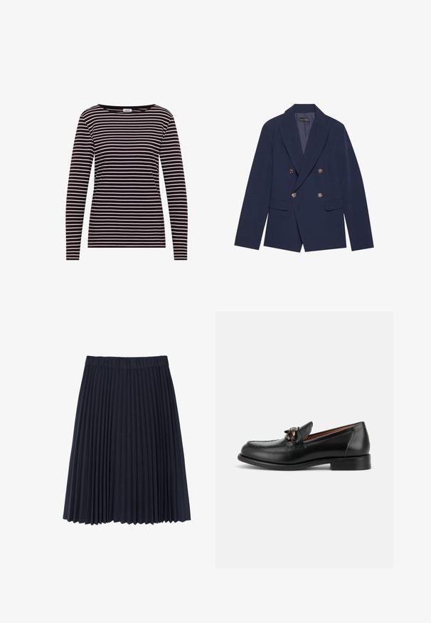 Blazer croisé bleu marine en tissu lisse, doté de boutons dorés, de revers crantés et de deux poches avant.; T-shirt à manches longues avec un col rond, présentant des rayures horizontales noires et blanches dans un tissu doux et extensible. Étiquette de marque : CEYIL.; Jupe plissée marine en tissu doux. Dotée d'une large ceinture élastique, elle tombe juste au-dessus du genou avec une texture lisse.; Mocassin en cuir noir avec un petit talon, un bout arrondi et un détail de boucle métallique décorative à l'avant.