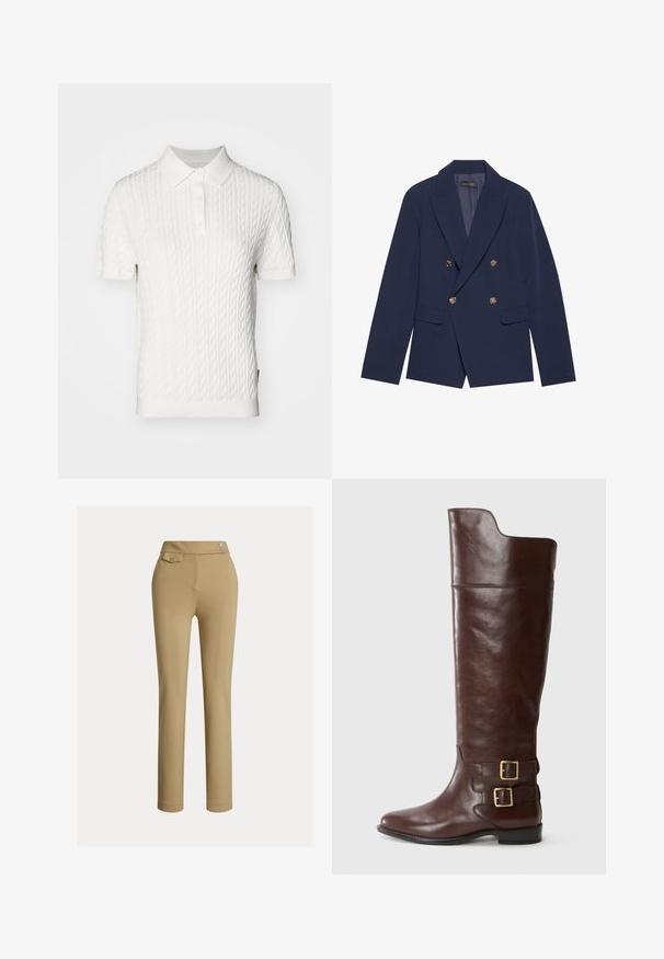 Blazer croisé bleu marine en tissu lisse, doté de boutons dorés, de revers crantés et de deux poches avant.; Barbour HARTLAND - Polo - cloud; Pantalons slim beige pour femmes avec taille haute, deux boutons sur le côté et une petite poche à rabat boutonnée près de la taille.; Botte en cuir marron montante avec un bout arrondi, dotée de deux boucles en métal doré au niveau de la cheville et d'une texture lisse et polie.