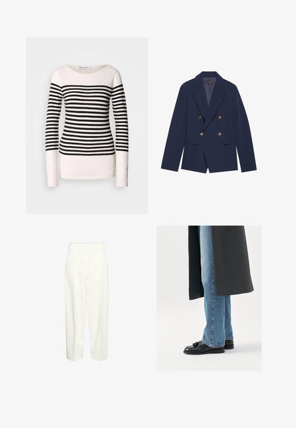 Blazer azul marino de doble botonadura, hecho de una tela suave, con botones dorados, solapas con muesca y dos bolsillos frontales.; Camiseta de manga larga a rayas con rayas horizontales en blanco y negro, diseño de cuello barco y silueta ajustada. Material de mezcla de algodón.; Pantalones blancos de tiro alto y pierna recta, con pliegues frontales y cinturilla oculta, mostrados sobre un fondo liso.; Mocasines de cuero negro con borlas, combinados con jeans rectos de color azul claro, complementados por un abrigo gris oscuro. Líneas limpias y tejido texturizado.