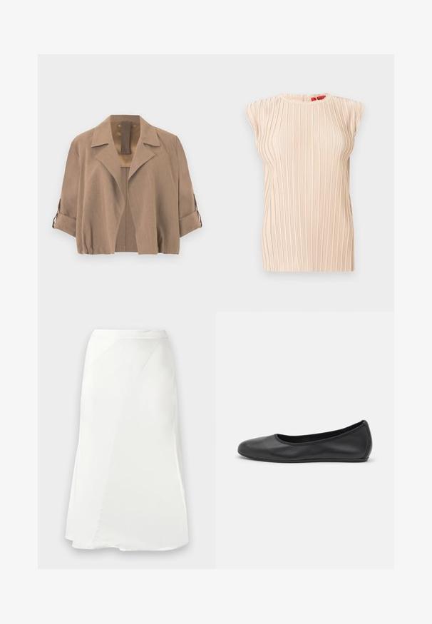 Chaqueta corta marrón claro con cuello de solapa ancha y mangas 3/4 arremangadas aseguradas con pestañas de botón.; Blusa sin mangas beige plisada con escote redondo y textura vertical sutil, mostrada sobre un fondo blanco.; Falda blanca de línea A con detalles de costura sutiles y una textura suave, mostrada sobre un fondo gris claro liso.; Bailarina de piel negra con punta redondeada, textura suave, detalle de costura minimalista y diseño de suela flexible.