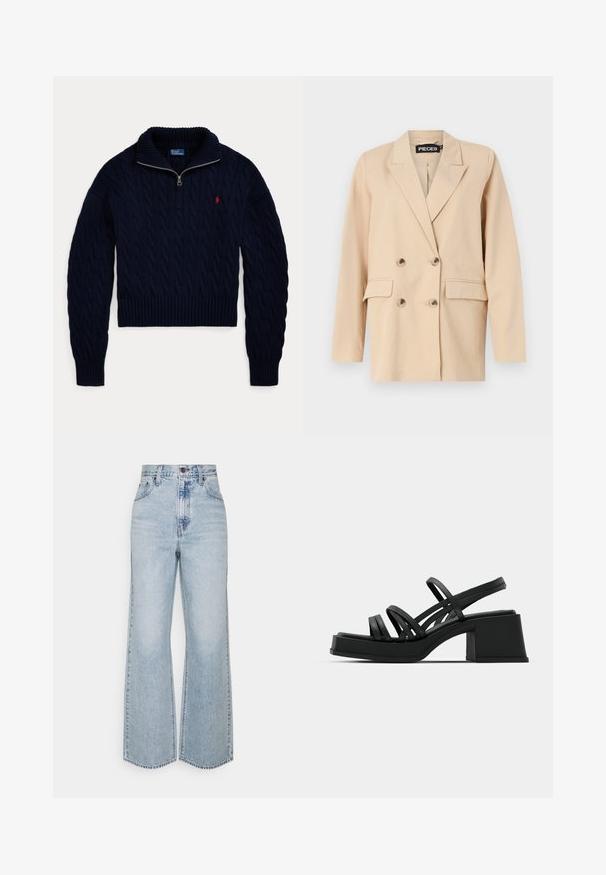 Beige dobbeltbrystet blazer med spidse klapper, der har to frontlommer og store knapper. Lavet af let stof med en glat tekstur.; Mørkeblå kabelstrikket sweater med halvlange lynlås-krave og rød Polo Ralph Lauren-logo broderet på brystet.; Lysblå denim brede ben jeans med høj talje, klassisk fem-lomme design og kontrasterende syninger. Uslebne kanter i bunden.; Sorte hælede sandaler med flere tynde stropper og en bred blokhæl. Slank design med en mat overflade. Sålens fodbed har en let kurve.