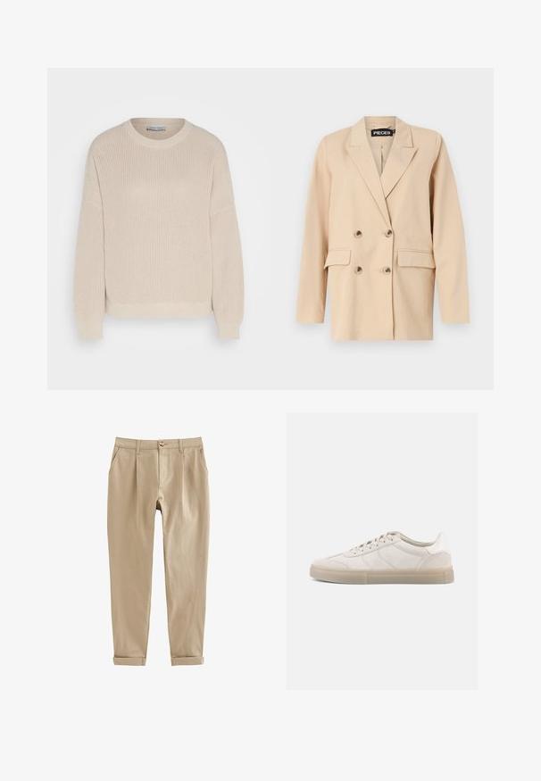 Beige dobbeltbrystet blazer med spidse klapper, der har to frontlommer og store knapper. Lavet af let stof med en glat tekstur.; Anna Field by Zalando Striktrøje - grey; Beige bukser med lige ben, bæltestropper, sidelommer, knaplukning, lynlåsgylp og opbukket kant.; Beige ruskindssneakers med lav profil, der har en struktureret overdel, tonale sømme og en lys gummisål. Snørebånd fuldender designet.