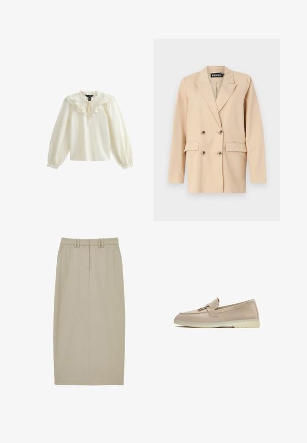 Blazer beige de doble botonadura con solapa de muesca, que cuenta con dos bolsillos frontales y botones grandes. Fabricado en tela ligera con una textura suave.; Blusa blanca de manga larga con escote con volantes y textura suave; presenta un lazo en el cuello y mangas abullonadas fruncidas.; Falda de lápiz beige hecha de una tela suave, con dos bolsillos frontales, una costura central y una cinturilla con dos pasadores horizontales.; Mocasines beige con parte superior de textil suave, correa decorativa, herrajes en tono dorado y suela de goma baja. Diseño clásico con costuras cuidadas.