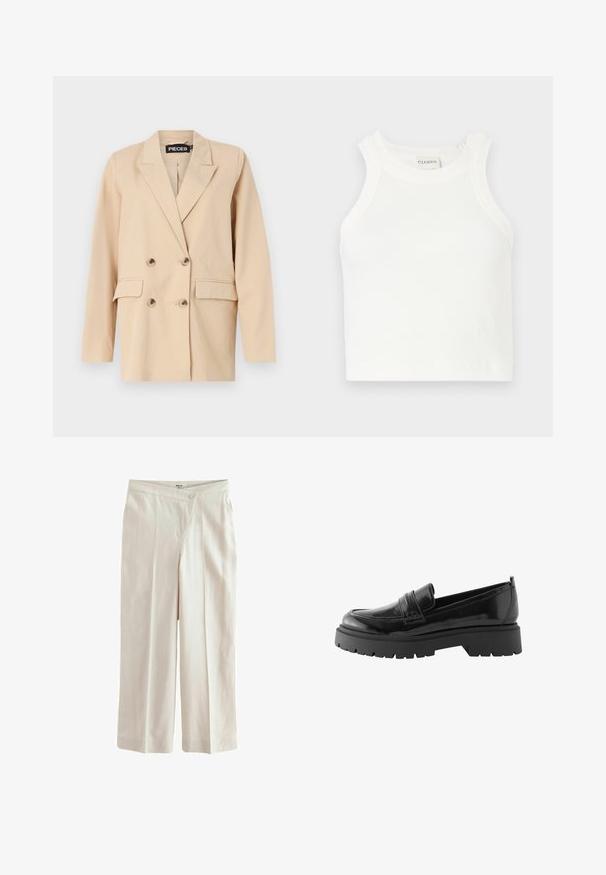 Beige dobbeltbrystet blazer med spidse klapper, der har to frontlommer og store knapper. Lavet af let stof med en glat tekstur.; Hvid ribbet tanktop med brede skulderstropper og en tætsiddende silhuet. Har et lille præget logo nær kanten.; Next ASYMETRIC WAITBAND TAILORED WIDE LEG - Bukser - neutral; Sorte lakerede loafers har en lav platformssål med en robust træd og en quiltet detalje over midtfoden.