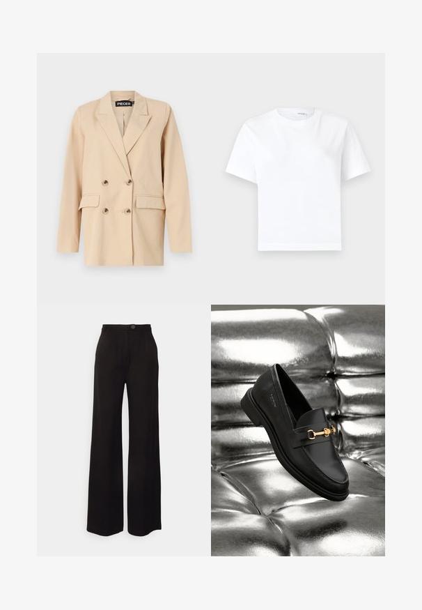 Beige dobbeltbrystet blazer med spidse klapper, der har to frontlommer og store knapper. Lavet af let stof med en glat tekstur.; Hvid kortærmet bomuld t-shirt med rund halsudskæring og lige kant, vist på en hvid baggrund.; Sorte vide ben bukser lavet af et glat stof, med en frontknaplukning og to frontfolder for ekstra detaljer.; Sorte læder loafers med en guldfarvet hardware detalje. Skoen har et elegant design og en glat, skinnende overflade.