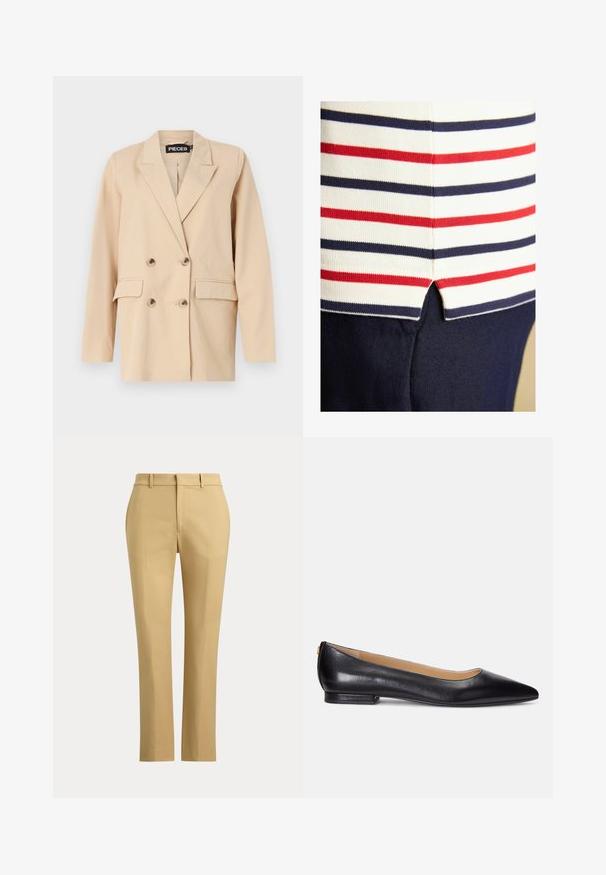 Blazer beige à double boutonnage avec un col cranté, doté de deux poches avant et de grands boutons. Fabriqué en tissu léger avec une texture lisse.; Gros plan sur un tissu blanc à rayures horizontales rouges et bleu marine rencontrant un tissu bleu marine au niveau d'une petite fente latérale.; Pantalon beige droit avec passants de ceinture, fermeture éclair à l'avant et plis sur mesure sur un fond clair uni.; Ballerines en cuir noir avec un bout pointu, un petit talon et un accent doré sur le talon. Texture lisse avec une silhouette classique.