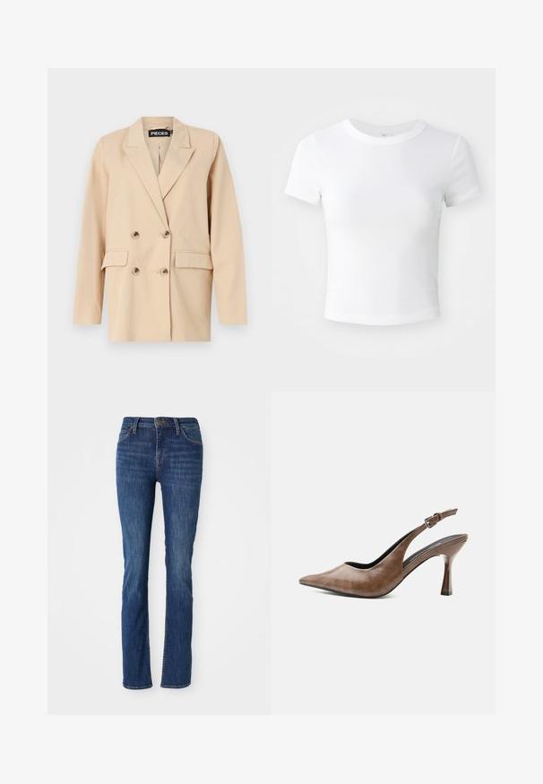 Blazer beige à double boutonnage avec un col cranté, doté de deux poches avant et de grands boutons. Fabriqué en tissu léger avec une texture lisse.; T-shirt courte à manches courtes, blanche, avec un col rond, présentée sur un fond neutre et lumineux.; Jeans droits bleus avec une légère décoloration, poches avant, passants de ceinture et fermeture à bouton sur fond blanc.; Chaussure slingback en cuir marron à talons hauts, bout pointu, bride ajustable à boucle et talon fin et effilé.