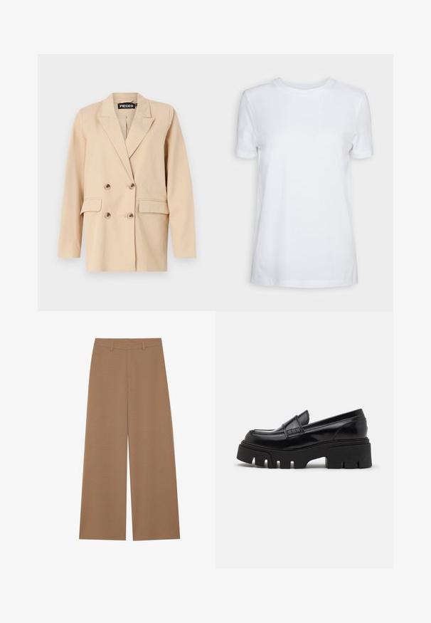 Beige dobbeltbrystet blazer med spidse klapper, der har to frontlommer og store knapper. Lavet af let stof med en glat tekstur.; Simpel hvid T-shirt med korte ærmer og rund hals, normal pasform og et lille indvendigt mærke på nakken med teksten "SELECTED FEMME."; Vide benbukser i en ensfarvet brun farve, lavet af et tekstureret stof; har høj talje og struktureret design med bæltestropper.; Sorte læder loafers med en chunky, tekstureret platformssål og en dekorativ rem over toppen. Glat, blank finish.