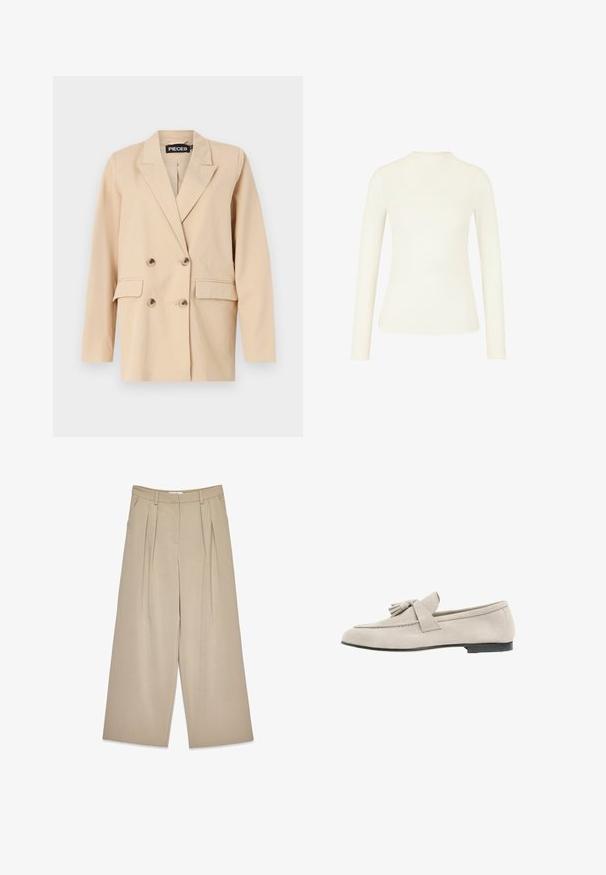 Beige dobbeltbrystet blazer med spidse klapper, der har to frontlommer og store knapper. Lavet af let stof med en glat tekstur.; Langærmet, tætsiddende top i cremet hvid ribbet stof. Har en høj halsudskæring og en frynset kant for et struktureret udseende.; Beige viddebukser med frontfolder, sidelommer, bælteløkker og en skjult lukning foran.; Lysebeige mokkasiner i ruskind med kvastdetalje, rundet tå, lav sort hæl og sømfattet overlæder, vist i profil mod en hvid baggrund.