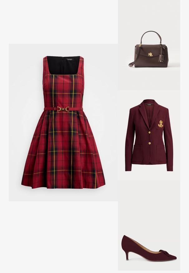 Blazer rojo oscuro con dos botones dorados, tres bolsillos delanteros, incluido un bolsillo en el pecho con logo bordado en dorado, y cuello con muesca.; Vestido sin mangas de cuadros rojos con escote cuadrado, falda acampanada, cinturón delgado a juego con hebilla dorada y cremallera en la parte posterior.; Zapatos de tacón de ante burdeos con punta afilada, tacón pequeño y un lazo anudado en el empeine; textura suave y diseño elegante.; Bolso de mano de cuero marrón oscuro con asa superior, correa de hombro desmontable y cierre con logo RL dorado en la solapa frontal.