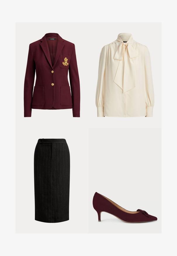 Blazer rojo oscuro con dos botones dorados, tres bolsillos delanteros, incluido un bolsillo en el pecho con logo bordado en dorado, y cuello con muesca.; Blusa cremosa de manga larga con cuello alto y un gran lazo atado en el cuello, con hombros fruncidos y mangas con puños.; Falda lápiz negra hasta la rodilla con delgadas rayas verticales blancas y detalle en la cintura con botones.; Zapatos de tacón de ante burdeos con punta afilada, tacón pequeño y un lazo anudado en el empeine; textura suave y diseño elegante.