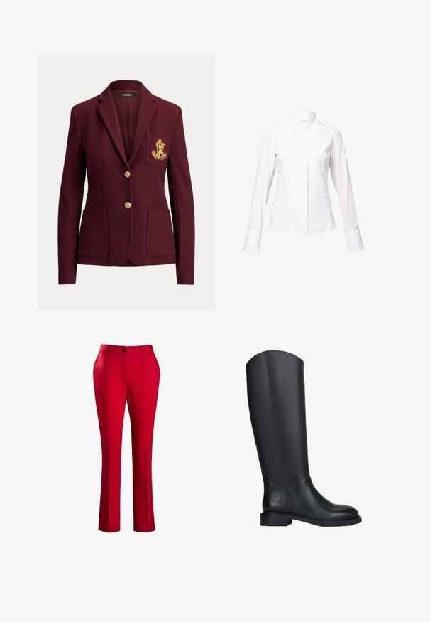 Dunkelroter Blazer mit zwei goldenen Knöpfen, drei Fronttaschen inklusive einer Brusttasche mit goldbesticktem Logo und einem amerikanischen Revers.; Langärmlige weiße Bluse aus Baumwolle. Sie hat einen Stehkragen, eine durchgehende Knopfleiste und Bündchen mit einer glatten, polierten Textur.; Rote, maßgeschneiderte Hose mit geradem Schnitt. Verfügt über einen vorderen Reißverschluss, einen Knopfverschluss und eine glatte Stoffstruktur. Keine sichtbaren Muster oder Akzente.; Hoher schwarzer Leder-Reitstiefel mit niedrigem Absatz und rund zulaufender Schuhspitze, seitlich auf weißem Hintergrund dargestellt.