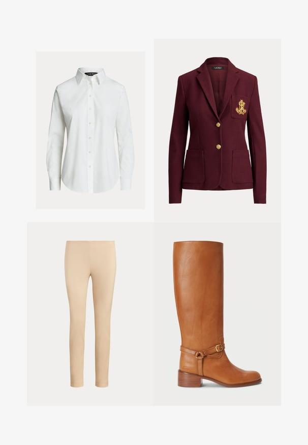 Mørkerød blazer med to guldknapper, tre forlommer inklusive en brystlomme med guldbroderet logo og en hakket krave.; Hvid skjorte med lange ærmer, knapper foran, spids krave og let buet kant.; Beige slim-fit ankellange bukser med en glat finish og uden synlige lommer eller pynt på en ensfarvet baggrund.; Høje brune læderstøvler med en glat overflade, udstyret med en sidelukning og en stablet hæl. Overdelen har et rent, udekoreret design.