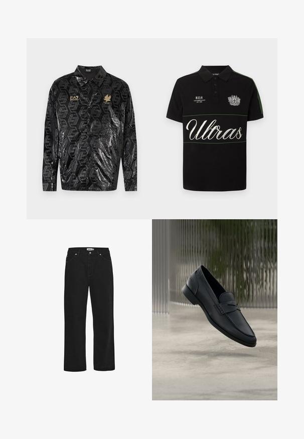 Chaqueta negra de material brillante con un patrón geométrico, cierre de botones y logo EA7 en dorado. Mangas largas con puños abotonados.; Polo negro con rayas verdes en las mangas, texto bordado en blanco "8114 HAN KJØBENHAVN EST 2008", emblema de escudo y gran texto "Ultras" en el pecho.; Vaqueros de mezclilla negra con corte recto, diseño de cinco bolsillos, detalles en hardware de cobre y una cinta de cintura resistente. Textura suave, estilo sin adornos.; Zapato tipo mocasín de cuero negro con acabado liso, punta puntiaguda y detalles cosidos en la pala. Tacón bajo y diseño minimalista.