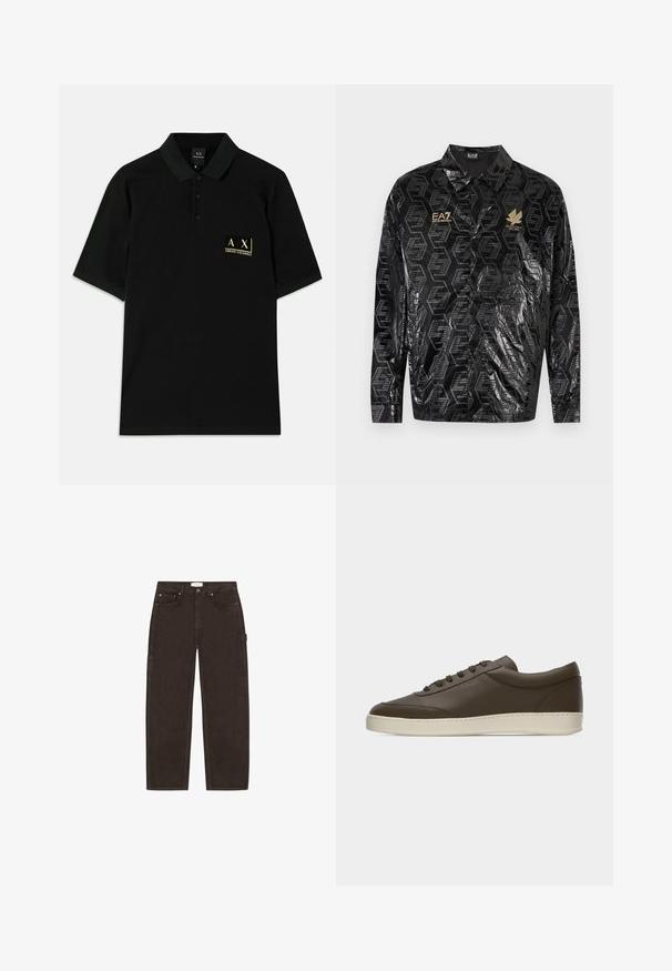 Chaqueta negra de material brillante con un patrón geométrico, cierre de botones y logo EA7 en dorado. Mangas largas con puños abotonados.; Polo negro de algodón, con una tapeta de tres botones y un logotipo bordado en dorado en el lado izquierdo del pecho. Mangas cortas, ajuste clásico.; Vaqueros de pierna recta en marrón oscuro con bolsillos delanteros, trabillas para el cinturón, cierre de botones y un detalle de lazada lateral sobre un fondo blanco.; Zapatilla deportiva de cuero marrón oscuro, de corte bajo, con cierre de cordones y suela de goma color crema, vista desde el lado exterior sobre fondo blanco.