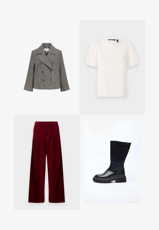 Dobbeltradet frakke i houndstooth mønster, der indeholder et sort og creme farveskema, brede slag, og fire frontknapper.; Hvid bluse med pufærmer, teksturerede lodrette striber, rund halsudskæring og blødt stof; har en afslappet pasform og en subtil glans.; Bordeaux fløjlbukser med bred bendesign, der har frontfolder og en glat tekstur. Ingen synlig hardware eller mønstre.; Sorte læder knæhøje støvler med en chunky sål, designet med en glat tekstur, rund tå og minimalistisk silhuet.