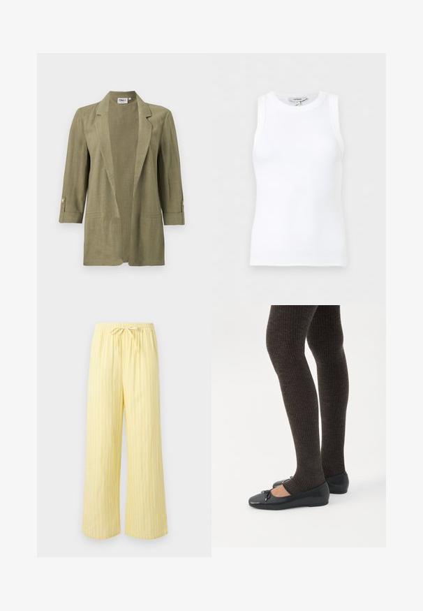 Blazer vert olive à ouverture devant, manches aux trois-quarts, col à revers, détails de poches et boutons décoratifs sur les poignets.; Débardeur blanc côtelé sans manches avec encolure ronde, coupe ajustée et petite étiquette de marque à l’intérieur du col.; Pantalon jaune ample avec des rayures blanches verticales et une taille élastique dotée d'un cordon noué.; Jambes portant des leggings côtelés foncés associés à des ballerines noires avec de petits détails en nœud sur fond blanc.