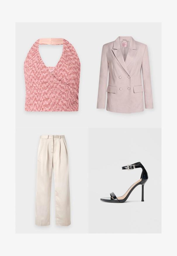 Lyserød dobbeltradet blazer med notched revers, fire knapper, to forlommer med klap og lange ærmer.; Lys pink halterneck top lavet af tekstureret strikket stof med et omslag design, der har en blød beige kant bagpå for en sikker pasform.; Beige plisserede bukser med et lige bendesign, lavet af et glat, let stof; har en taljebånd med bæltestropper.; Sort højhælet sandal i laklæder med ankelrem. Har minimalistisk design, åben tå og spænde med rhinsten-detaljer.